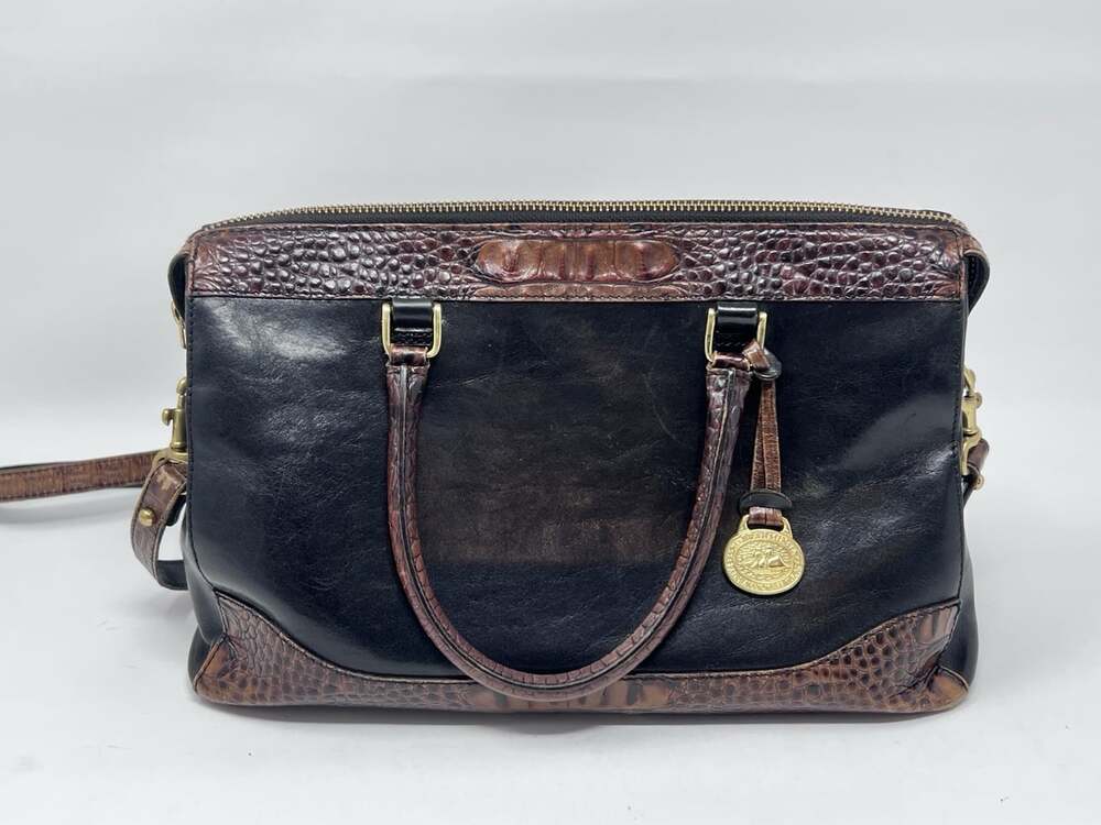 Brahmin Black Brown Croc Embossed Satchel Top Handle Crossbody Zip Gold
